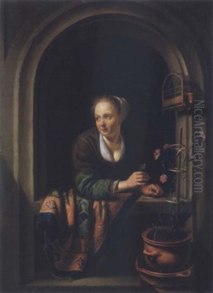 A Young Woman With A Pot Af Pinks By A Window Oil Painting by Gerrit Dou