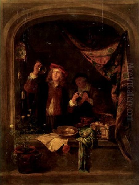 A Quack Standing At A Window Inspecting The Urine Of A Woman Standing Nearby Oil Painting by Gerrit Dou