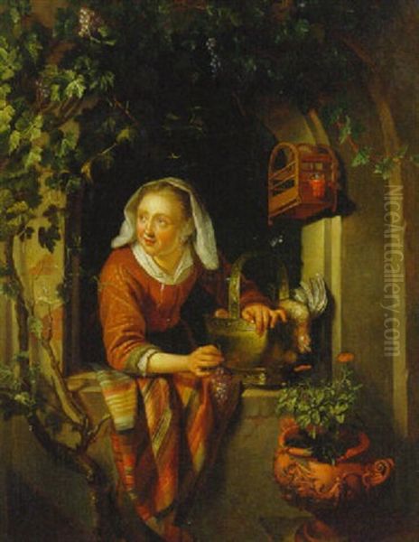 A Woman At A Partially Draped Casement With Dead Fowl In A Bucket By A Birdcage And Flowers In An Urn by Gerrit Dou