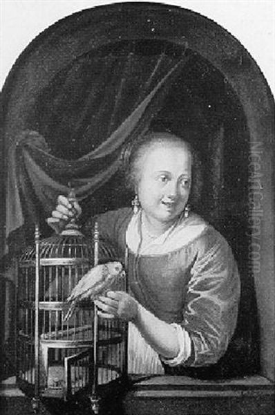 Jeune Femme A Sa Fenetre Sortant Son Perroquet De Sa Cage Oil Painting by Gerrit Dou