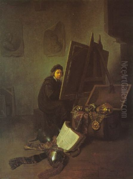 A Self-portrait Of The Artist In His Studio Oil Painting by Gerrit Dou