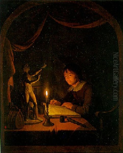 Ein Junger Kunstler Zeichnet Die Tonskulptur Von Orpheus Und Zerberus Bei Kerzenlicht Oil Painting by Gerrit Dou