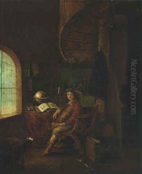 A Violin Player Seated By A Window In An Interior Oil Painting by Gerrit Dou