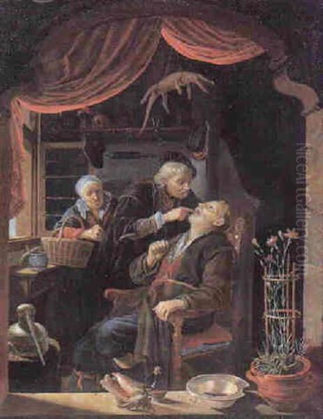 A Dentist Examining The Tooth Of A Man, An Old Woman Watching From Behind, Viewed Through A Window Oil Painting by Gerrit Dou