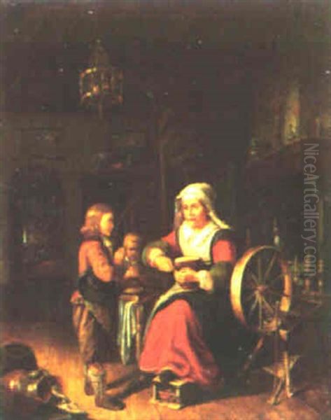 Interior With A Mother Feeding Her Two Children Oil Painting by Gerrit Dou