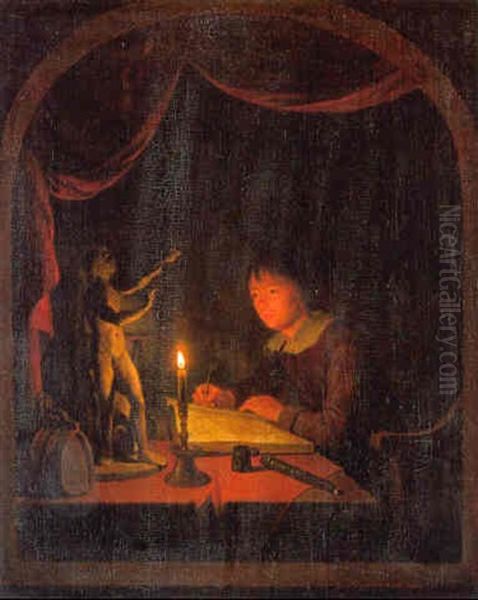 A Young Artist Sketching A Bronze Statue Of Orpheus And Cerberus By Candlelight Oil Painting by Gerrit Dou