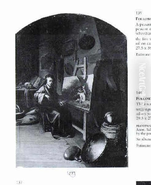 A Painter In His Studio At Work On A Picture Of The Good Samaritan, A Helmet On A Barrel With A Shield And A Flask In The Foreground Oil Painting by Gerrit Dou