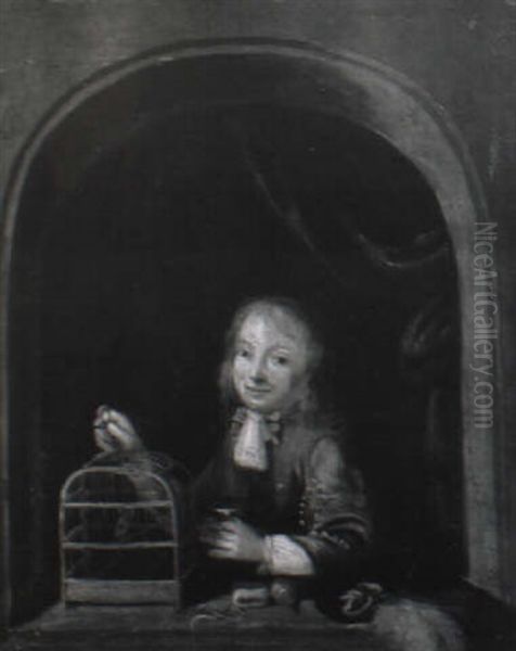 A Young Boy At A Casement With A Caged Bird Oil Painting by Gerrit Dou