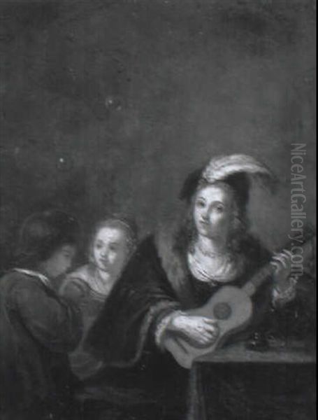 Lady Playing A Mandolin With Two Children At A Table Oil Painting by Gerrit Dou