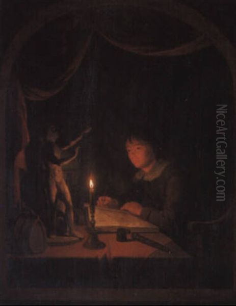 A Young Artist Sketching A Piece Of Sculpture By Candlelight Oil Painting by Gerrit Dou