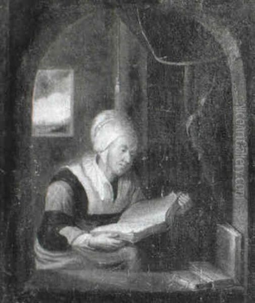 Old Lady In Interior Reading A Book Oil Painting by Gerrit Dou