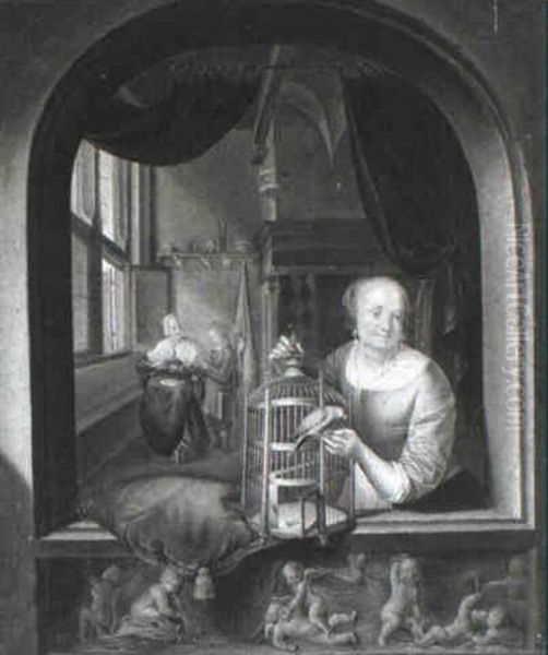 Lady Seated At A Window, Holding A Parrot Oil Painting by Gerrit Dou