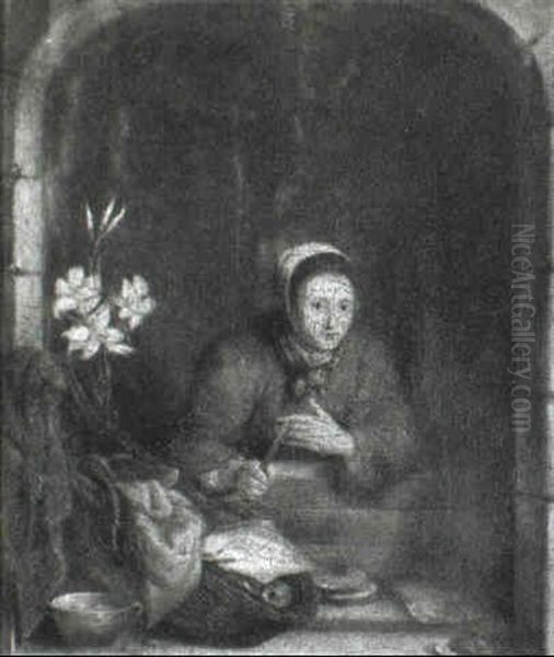 Fishwife, Holding Knife, Seen From A Casement Window Oil Painting by Gerrit Dou