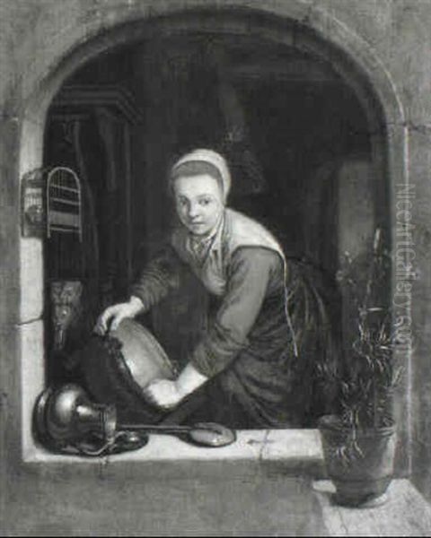 Maid Cleaning A Copper Cauldron At A Casement Oil Painting by Gerrit Dou