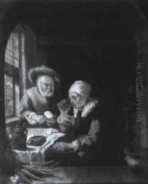 Interior With An Elderly Couple At A Meal Oil Painting by Gerrit Dou