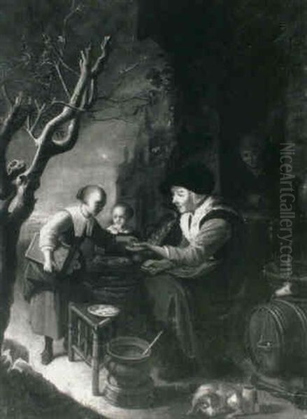 A Girl Paying A Street Vendor Oil Painting by Gerrit Dou