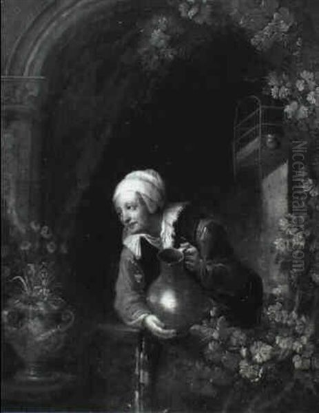 A Woman Watering Flowers At A Window Ledge Oil Painting by Gerrit Dou