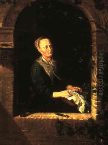 Woman Sewing By A Windowledge Oil Painting by Gerrit Dou