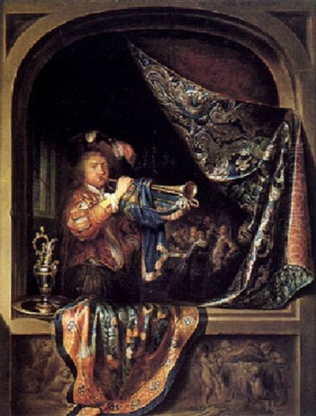 A Trumpeter At A Window Oil Painting by Gerrit Dou