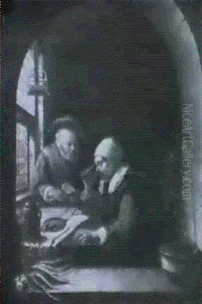 An Elderly Couple In A Kitchen Seen Through A Casement Oil Painting by Gerrit Dou