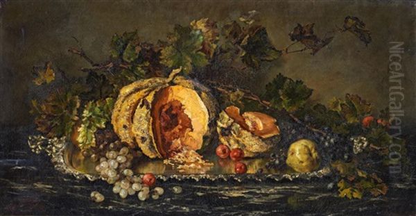 Stillleben Mit Melone Und Weintrauben Auf Einem Silbertablett Oil Painting by Cecile Douard