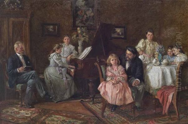 Familie Im Musikzimmer Oil Painting by Franz Bohumil Doubek