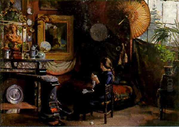 Jeune Femme Au Coin Du Poele Dans Son Interieur Oil Painting by Henri Lucien Doucet