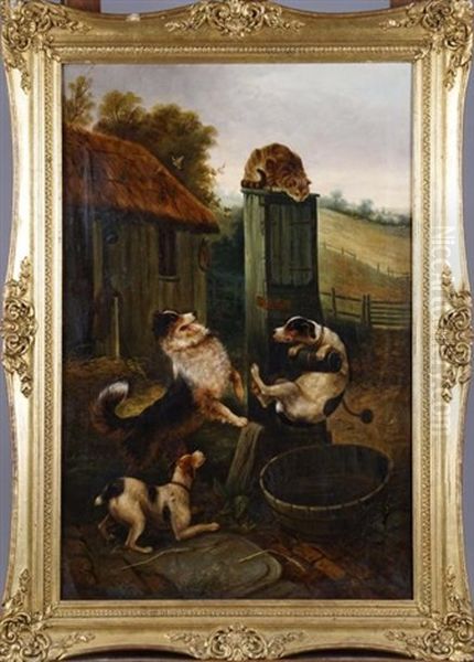 Chiens Et Chats A La Fontaine Oil Painting by Charles Doudelet