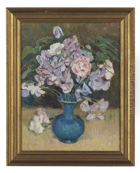 Still Life Of Sweet Peas In A Blue Vase Oil Painting by Paul Dougherty