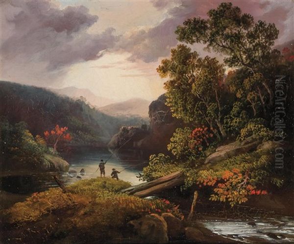 Men Fishing, Fishing On The River (a Pair) Oil Painting by Thomas Doughty