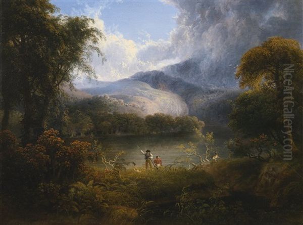 Hunters With A Dog In A Landscape Oil Painting by Thomas Doughty