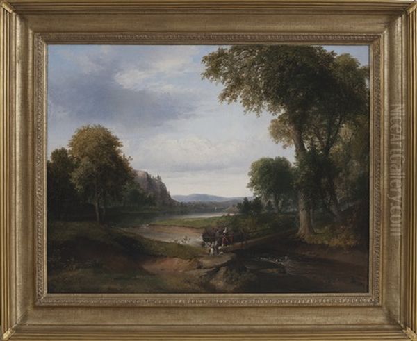 Landscape With Footbridge And Figures Fishing Oil Painting by Thomas Doughty