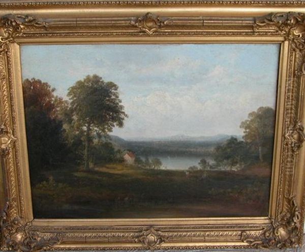 Hudson River Valley Landscape With House, Figures And Animals Oil Painting by Thomas Doughty