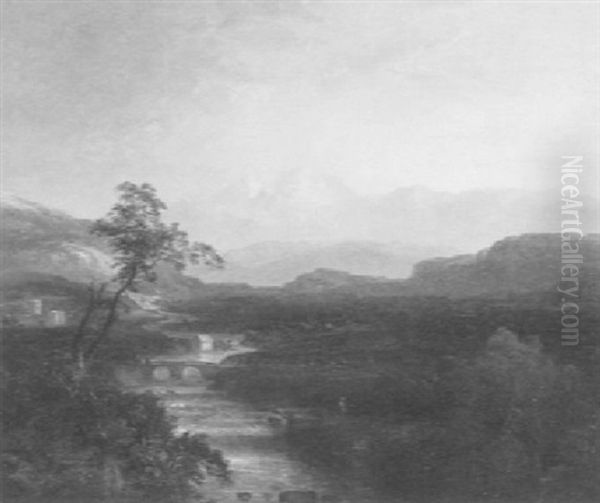 Panoramic View With Figures By A River Oil Painting by Thomas Doughty