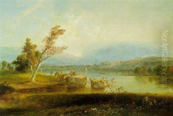 Landscape With Anglers And Sailboats Oil Painting by Thomas Doughty