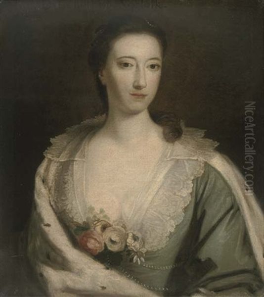 Portrait Of A Lady (mary, Duchess Of Norfolk?) In A Green Dress With Lace Trim, Flowers Attached To The Bodice, And An Ermine Cloak Oil Painting by William Doughty