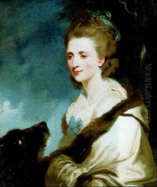 Portrait Of Mrs. George Huddesford, Seated With Her Dog Before A Landscape Oil Painting by William Doughty