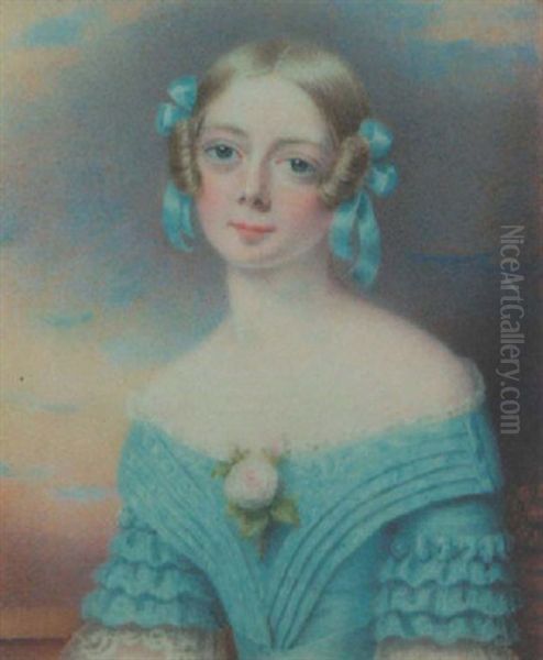 A Young Lady Wearing Decollete Turquoise Blue Dress With White Lace Trim, Layered Frilled Short Sleeves And White Lace Cuffs, Matching Ribbons In Her Blonde Hair And Pale Pink Rose At Her Corsage Oil Painting by  Douglas (Miss Archibald Ramsay)