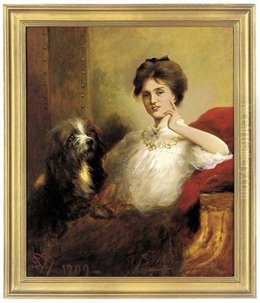 Portrait Of A Lady In A White Blouse With Lace Trim, A Terrier To Her Side Oil Painting by Edwin Douglas