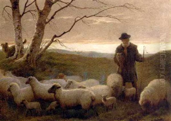 A Shepherd And His Flock, Early Spring Oil Painting by Edwin Douglas