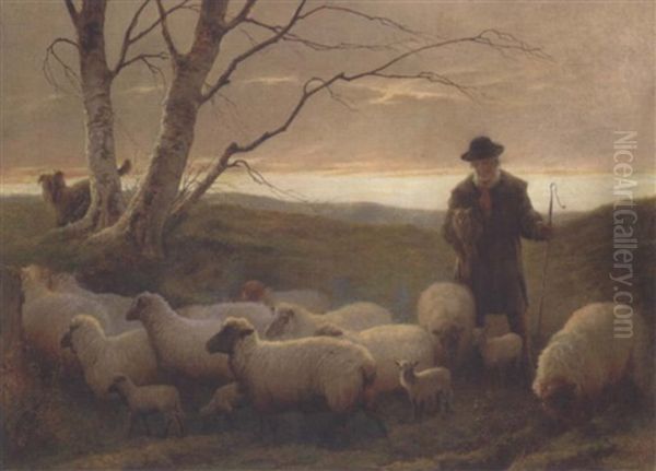 A Shepherd And His Flock, Early Spring Oil Painting by Edwin Douglas