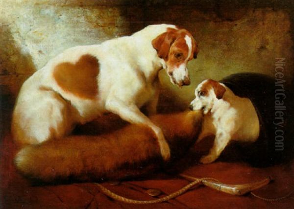 Playing With Puppy Oil Painting by Edwin Douglas