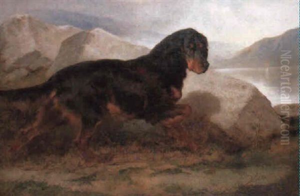 A Gordon Setter Near A Loch Oil Painting by Edwin Douglas