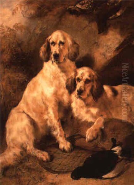 Setter Hunting Dogs Resting With Bird And Game Bag Oil Painting by Edwin Douglas