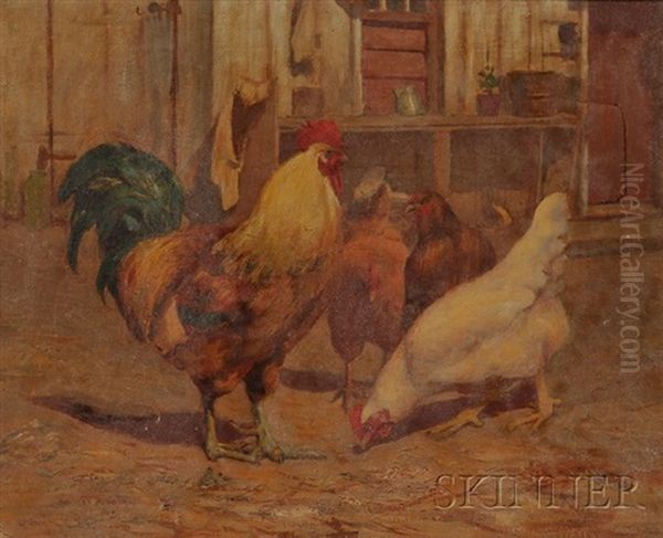 Barnyard Scene With Rooster And Hens Oil Painting by Walter Douglas