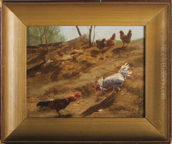 Chickens On A Hillside Oil Painting by Walter Douglas