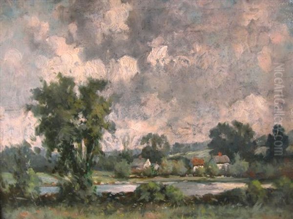 Landscape With Houses & Pond Oil Painting by Walter Douglas