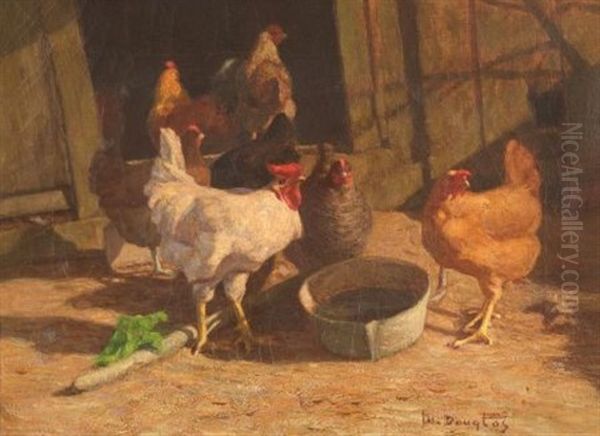 The Rooster's Call/a Genre Scene With Hens Oil Painting by Walter Douglas