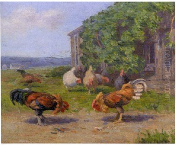 Chickens In Barnyard Oil Painting by Walter Douglas