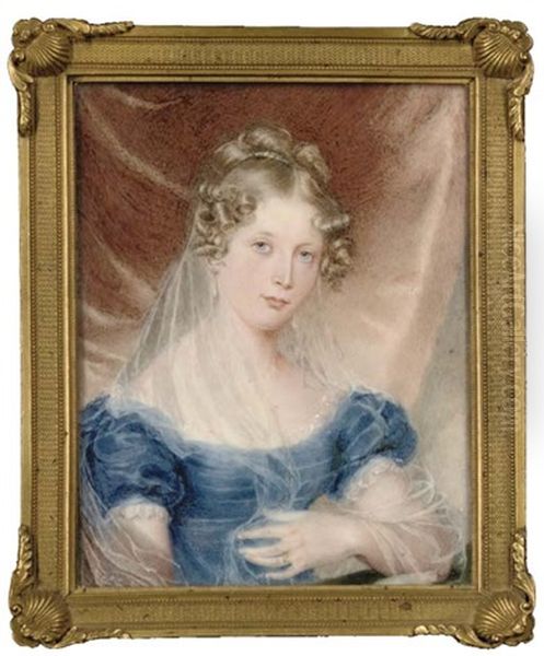 Mrs. Garth, Seated With Her Left Elbow Resting On A Green Covered Table, In Blue Velvet Dress With Pleated Bodice And Lace-bordered White Underdress, Drop Pearl Earrings, Long Gauze Veil In Her Hair Oil Painting by William Douglas